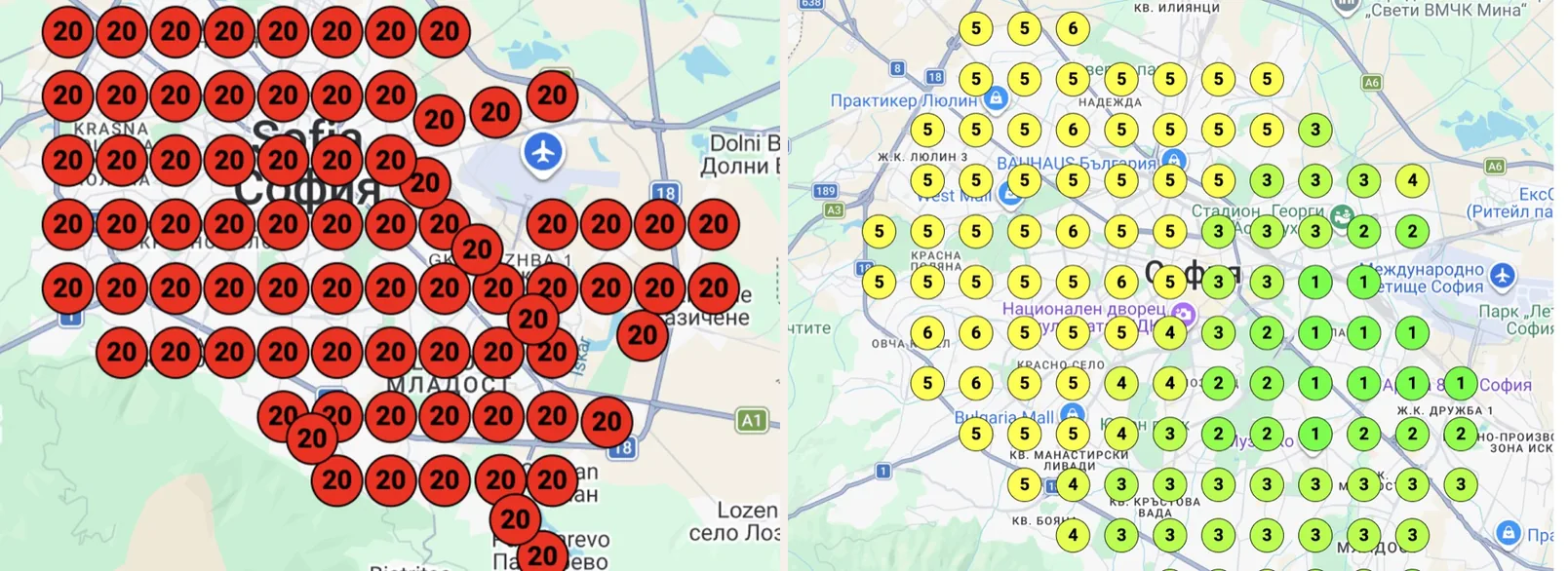 Google Maps ranking heatmaps before and after optimisation – an Atlas Fold result for a grooming salon in Sofia
